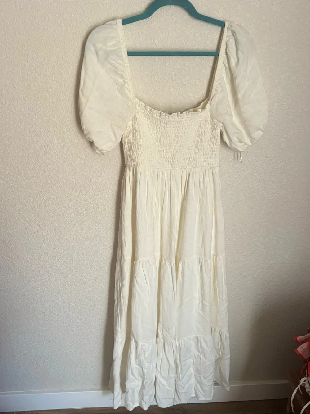 Abercrombie Smocked Square Neck Puff Sleeve Maxi Dress in Cream Linen Blend